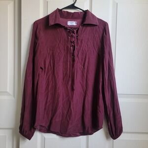 FRAME Mahogany Brown 100% Silk Lace Up Collared‎ Blouse Shirt Small Relaxed Fit